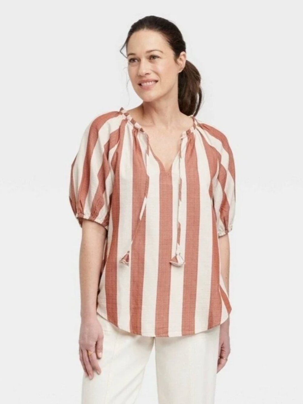 NWT Knox Rose Top Red Cream Striped Balloon Sleeves - S
